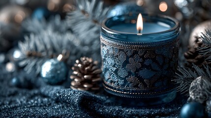 Close up of a glowing blue holiday candle surrounded by frosted pine needles and festive winter decor