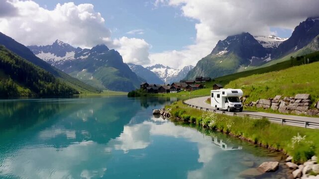 Camper van driving on a scenic alpine road beside a turquoise lake, with snow capped mountains and a small village in the background, showing a beautiful reflection on the calm water surface