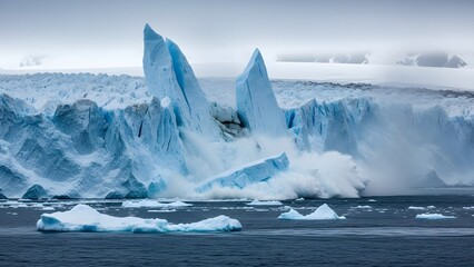 Massive chunks of brilliant blue glacier ice dramatically calve and crash into the frigid ocean water, creating a powerful splash and ripples.