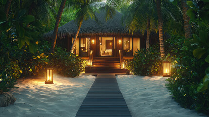 A luxurious beachfront villa with thatched roof glows warmly among lush tropical greenery at dusk, inviting relaxation and serenity on a dreamy island getaway.