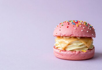 Pink macaron burger filled with creamy cheese and sprinkles, against a plain purple background with copy space on left