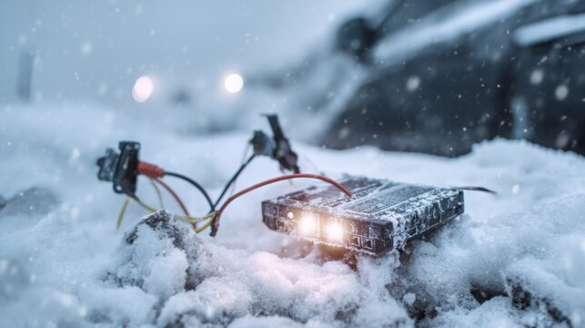 supercapacitor jump starter connected to car battery in winter, snow and ice around, realistic photo style, focus on cables and device, survival