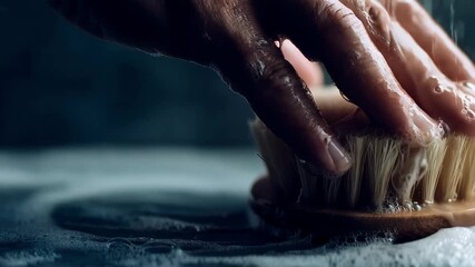 Medium shot showing a person carefully scrubbing with a soft bristle brush emphasizing gentle yet effective hand cleaning techniques.