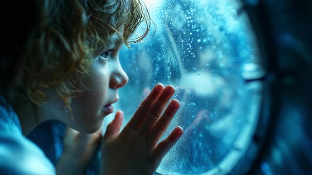A Curious Child Gazes Longingly Through a Rain-Drenched Porthole, Enveloped by Blue Hues and Reflective Surfaces, Capturing a Moment of Wonder and Imagination
