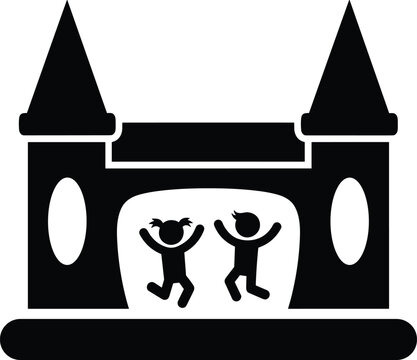 Black silhouette icon of two happy children jumping in an inflatable bouncy castle house isolated on a white background vector.