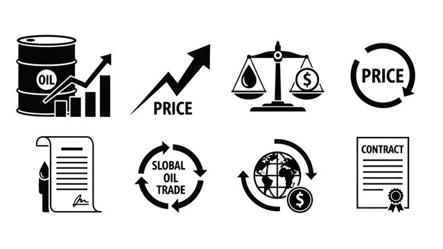 Black and white icons illustrating oil industry economics, global trade, price fluctuations, and legal contracts.