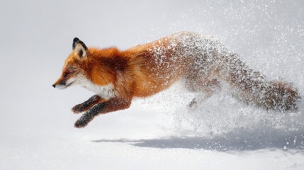 Ultra detailed photo of a red fox mid jump diving into deep snow, frozen snow particles suspended in air, bright winter sunlight, clean white