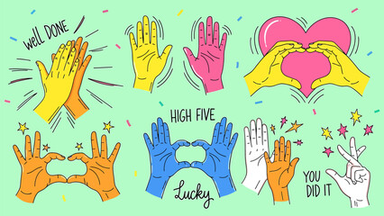 Fototapeta premium Hands giving high fives and celebrating success in colorful illustration