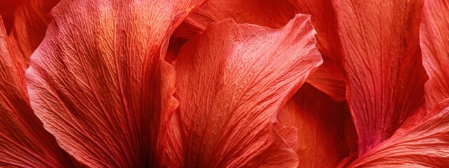Ultra wide close up texture of hibiscus petals, rich coral red tones with visible veins, silky surface, dramatic yet clean composition, premium