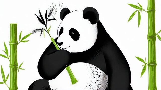 Cartoon panda holds bamboo, black and white fur, set against a white backdrop