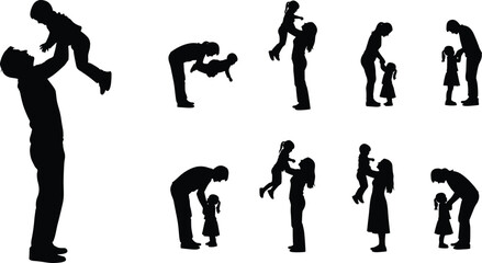 Parents playing with children silhouettes, father and mother lifting kids, family love moments, parenting care, happy childhood, bonding illustration
