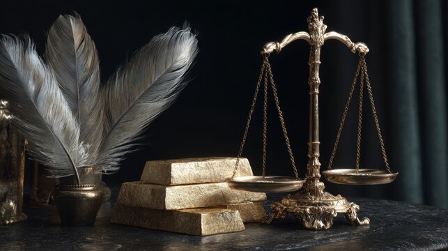 Elegant vintage scales of justice alongside gold bars and feathers on a polished table surface in a dimly lit room
