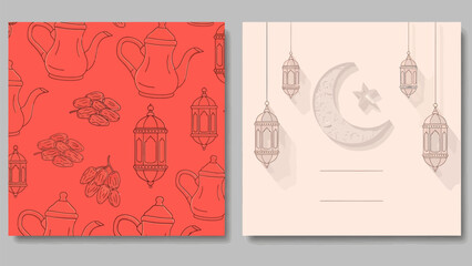 Obraz premium Elegant Ramadan greeting cards with lanterns and tea sets