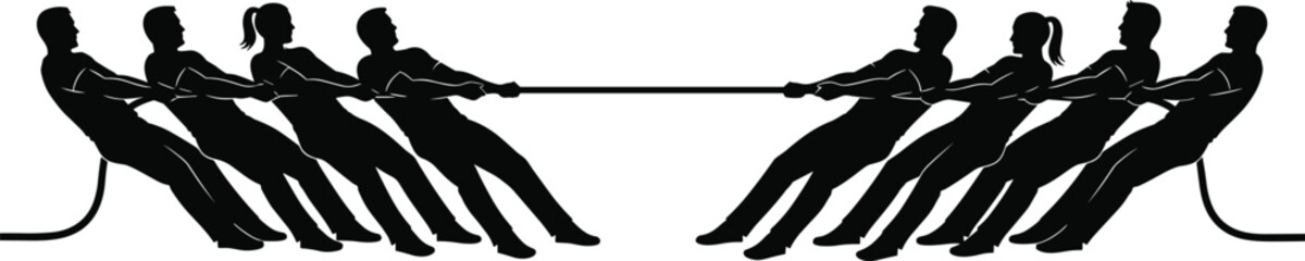 Tug of war silhouettes, teamwork strength competition, people pulling rope, business challenge concept, leadership and cooperation, black illustration set
