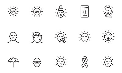 Ultraviolet radiation line icons set sun safety and skin care protection from harmful uv rays on summer