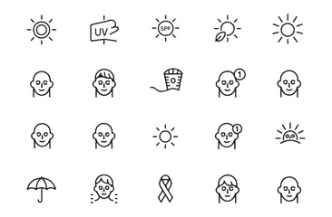 Sun protection line icons set uv radiation safe exposure spf factor melanoma awareness and summer safety