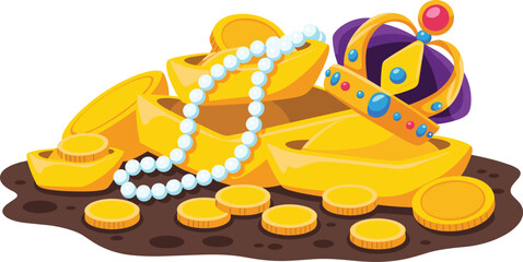 Gold treasure illustration, royal crown pearls, golden bars and coins, luxury wealth concept, cartoon vector, isolated on white background design © Hey there