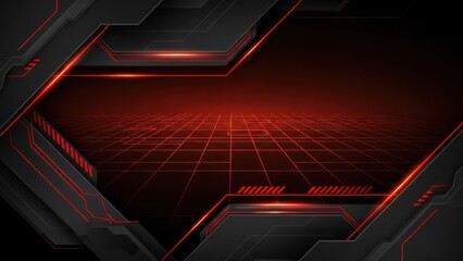 Futuristic Technology Abstract Red and Black Digital Background with Glowing Lines and Grid Pattern