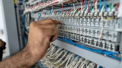 Technician installing organized network cables into structured panels for optimized internet connectivity in a modern office environment.