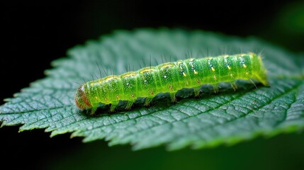 Fototapeta premium Green Caterpillar on Leaf Close-Up, Captivating Details of Nature's Insect Life, Macro Shot of Larva Showing Textures and Colors in Natural Habitat