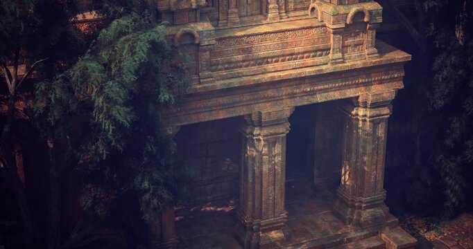 Ancient stone temple ruins stand tall amidst dense foliage, showcasing intricate carvings and architectural details. The structure hints at a rich cultural heritage and a storied past.