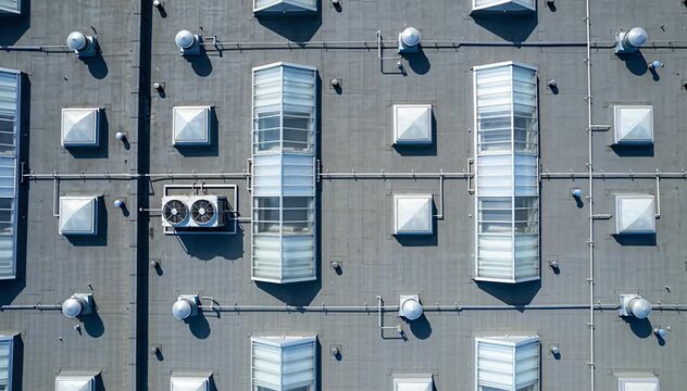 Aerial view of a modern building rooftop with skylights and hvac units. aerial overhead rooftop, flat roof.