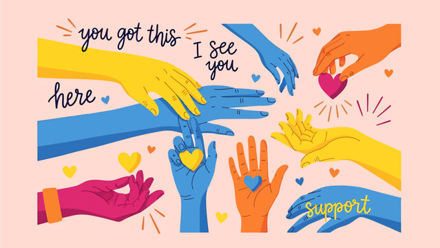 Diverse hands reaching out with supportive phrases and hearts