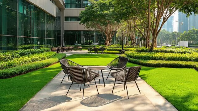 A modern patio with chairs and dining table outside an office building, under shade trees.