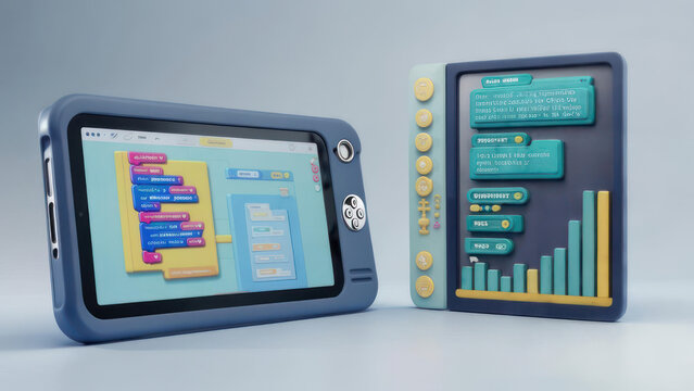 Two devices displaying code blocks and data visualizations. - Powered by Adobe