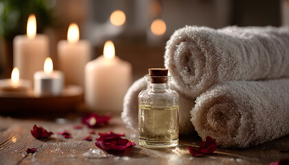 Softly lit spa setup with rolled towels, flower petals, burning candles, and essential oil bottle. This promotes calm, wellness, and therapeutic relaxation for mind and body.