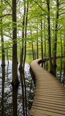 Obraz premium A serene wooden boardwalk winds through a vibrant forest surrounding a calm lake