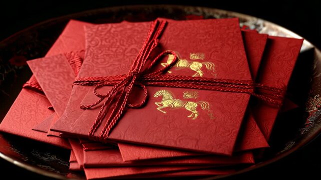 Presenting Decorative Red Envelopes Arranged on Elegant Plate with Festive Ribbon for Special Occasion