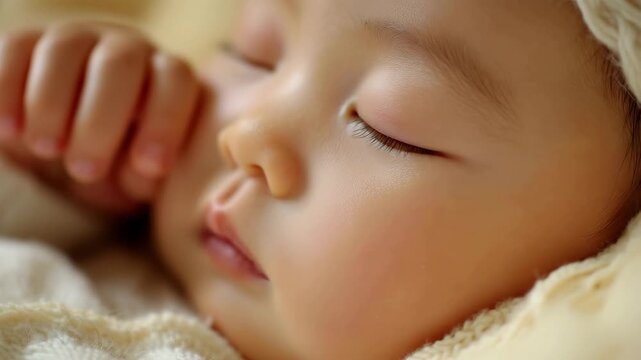黄色い布をまとい手を顔に添えて眠る赤ちゃんの寝顔