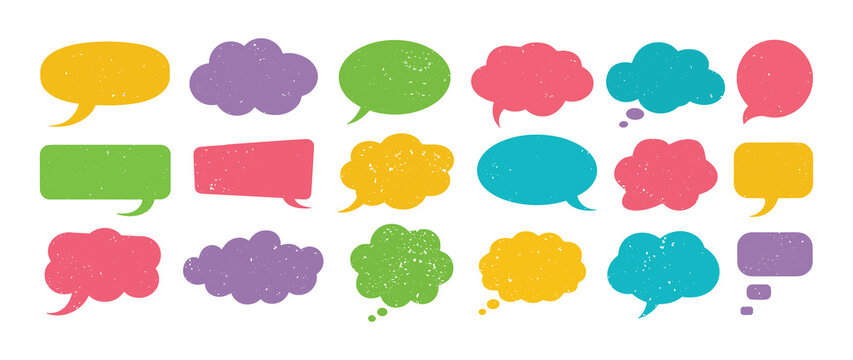 Colorful speech bubble vector illustration collection with grunge texture and comic elements