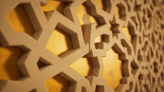 A steady slow pan across a detailed decorative wall texture featuring intertwined light beige and vibrant yellow abstract Arabic style patterns black, wall, eid