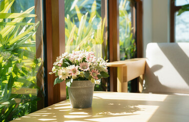 Soft sunlight illuminating a bouquet of pink flowers.