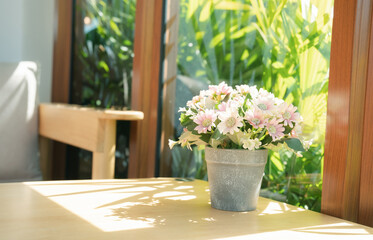 Soft sunlight illuminating a bouquet of pink flowers.