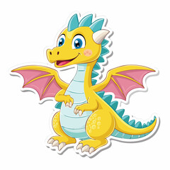 Fototapeta premium Cute baby green dragon dinosaur smiling in a fun cartoon fantasy style