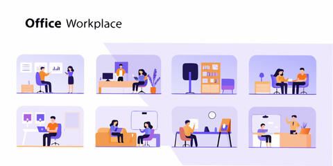 Modern office scenes showcasing diverse work settings and collaborative environments