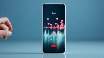 A close-up view of a smartphone screen displaying a digital interface with heart-shaped icons symbolizing likes, and a wave-like graphic representing user engagement and interaction. - Powered by Adobe