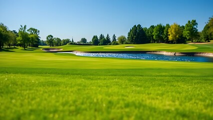 oligarchy. A golf course with manicured grass and water hazards under a sunny sky. event key visuals, club posters, designed for sports event promotions and stadium branding, drives event promotion.