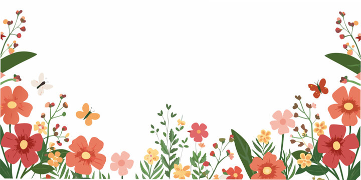 Floral frame with vibrant blooms and delicate butterflies a spring aesthetic