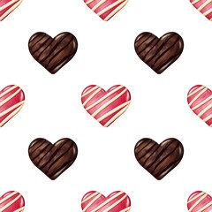 Fototapeta premium Seamless watercolor Valentine’s Day pattern with cookie, chocolate, and caramel hearts. Hand-painted illustration in a warm festive color palette, perfect for packaging, textiles, and design projects.