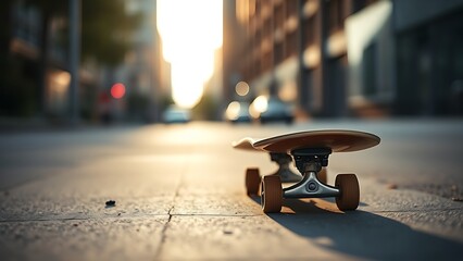 skateboard. A lone skateboard rests on the pavement, with a softly blurred cityscape in the background. tutorial guides, club newsletters, designed for sports & leisure club marketing.