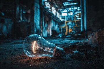 Light bulb lies on ground in abandoned building during late afternoon light hours
