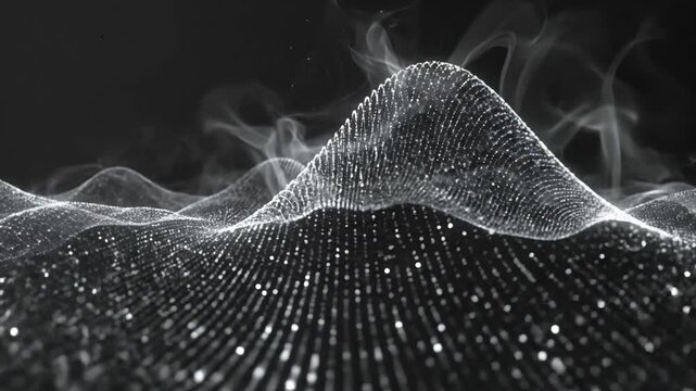 Abstract digital wave with flowing particles and smoke, creating a dynamic and futuristic background.