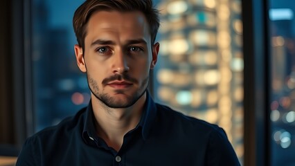 debugging. A dedicated programmer working late, illuminated by city lights and a soft desk lamp glow. product launch decks, UI/UX mockups, designed for product launches and innovation pitches.