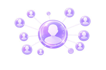 Social media networking concept showing connected user avatars in glossy purple bubbles, illustrating online community relationships