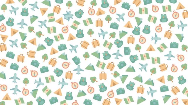 Scattered travel icons in pastel colors, perfect for travel blogs, social media posts, and graphic design projects needing a playful touch.