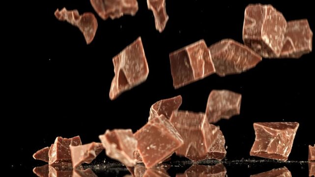 Super slow motion pieces of dark milk chocolate. Filmed on a high-speed camera at 1000 fps. High quality FullHD footage
